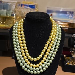 Layered Pearl Necklace in Pale Green and Gold - Women Jewelry